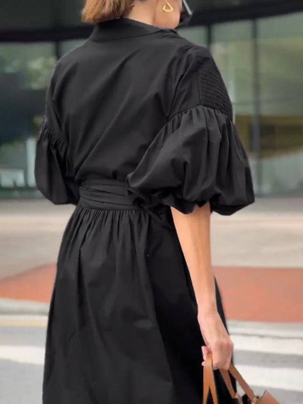 Half Sleeves Loose Buttoned Pleated Solid Color Tied Waist Stand Collar Maxi Dresses