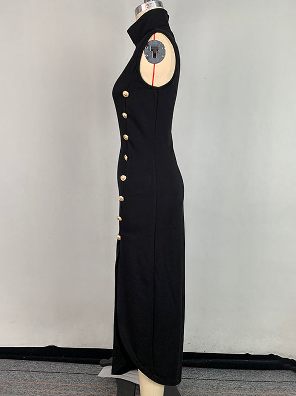 Robe longue moulante sans manches, boutonnée, couleur unie, fendue sur les côtés, col haut 