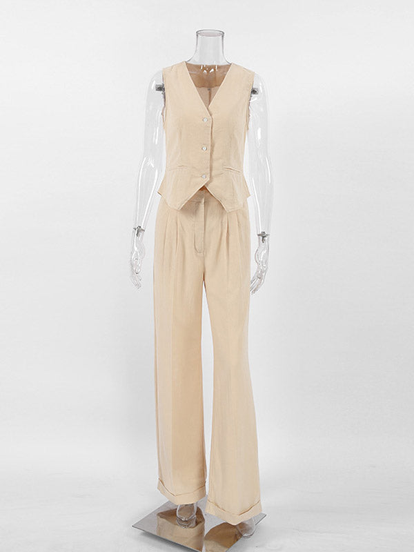 Loose Solid Color Split-Joint V-Neck Top+ Pleated High Waisted Vest Top + Pants Bottom Two Pieces Set
