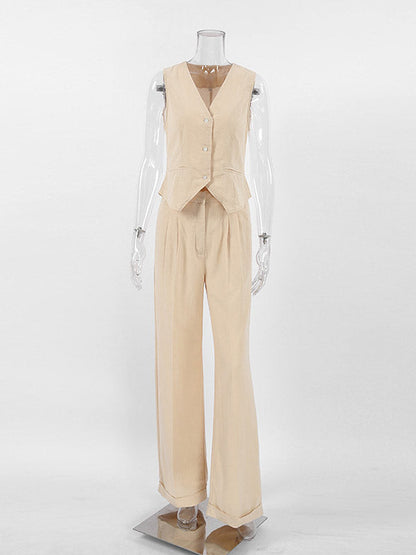 Loose Solid Color Split-Joint V-Neck Top+ Pleated High Waisted Vest Top + Pants Bottom Two Pieces Set