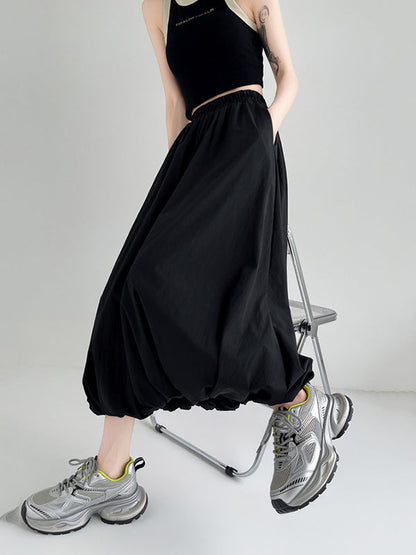 A-Line Loose Elasticity Pleated Pockets Solid Color Skirts Bottoms