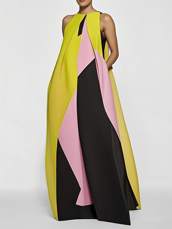 A-Line Loose Color-Block Pleated Split-Joint Round-Neck Maxi Dresses