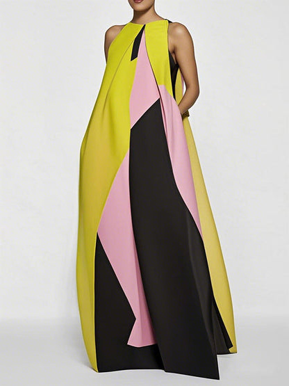 A-Line Loose Color-Block Pleated Split-Joint Round-Neck Maxi Dresses