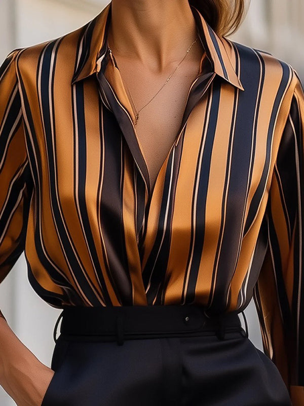 Long Sleeves Loose Contrast Color Striped Lapel Blouses&Shirts Tops