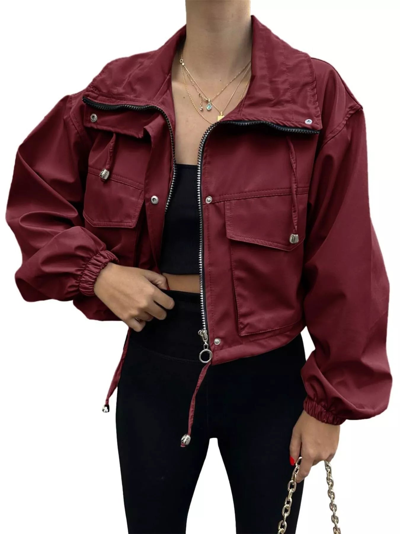 Crop Drawstring Hem Zip Up Jacket