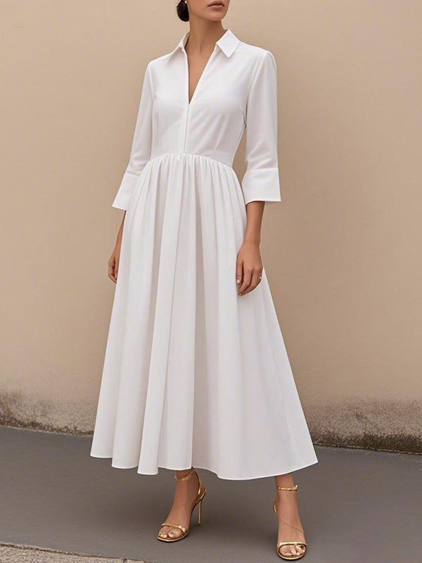 A-Line High Waisted Pleated Solid Color V-Neck Maxi Dresses WHITE