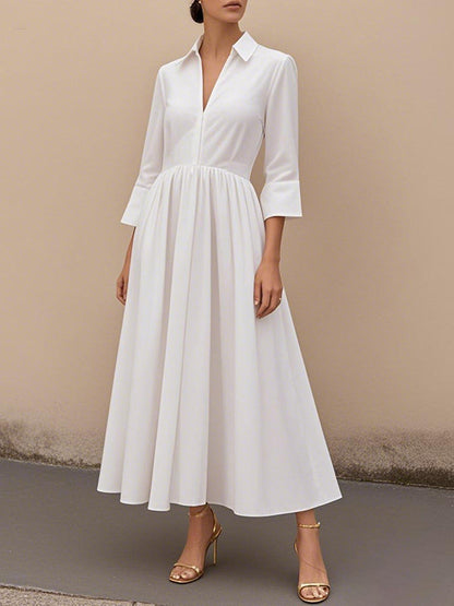 A-Line High Waisted Pleated Solid Color V-Neck Maxi Dresses WHITE