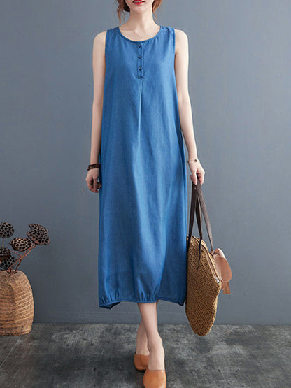 A-Line Loose Buttoned Pleated Solid Color Round-Neck Midi Dresses