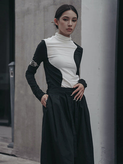 T-shirts urbains skinny à manches longues et col montant asymétriques contrastés 