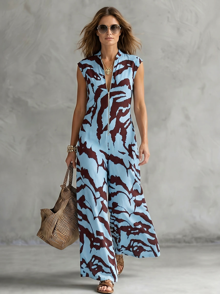 Loose Sleeveless Cow Printed Printed Zipper V-neck Jumpsuits