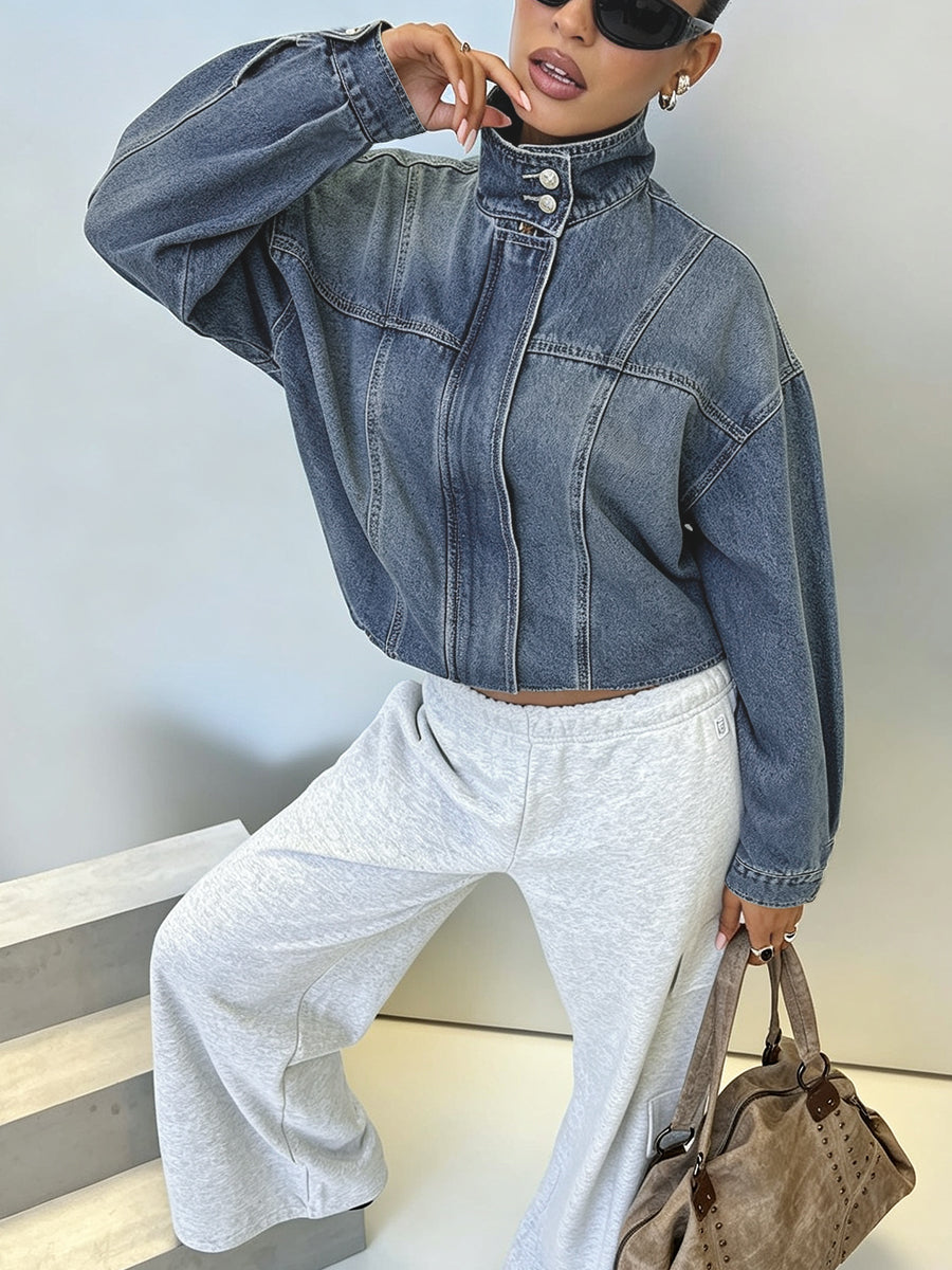 Zipper Elasticity Buttoned Loose Long Sleeves Stand Collar Outerwear Jackets