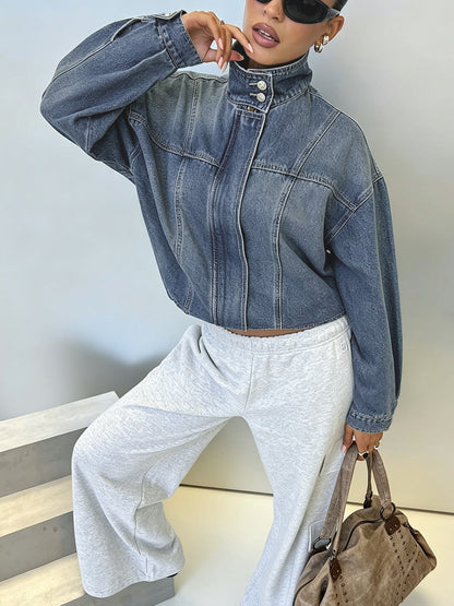 Zipper Elasticity Buttoned Loose Long Sleeves Stand Collar Outerwear Jackets