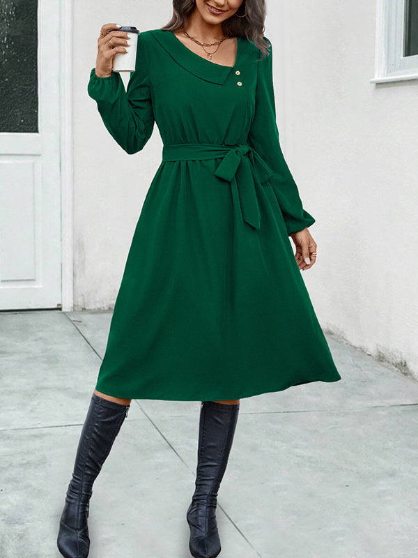 A-Line Long Sleeves Buttoned Solid Color Tied Waist Asymmetric Collar Midi Dresses