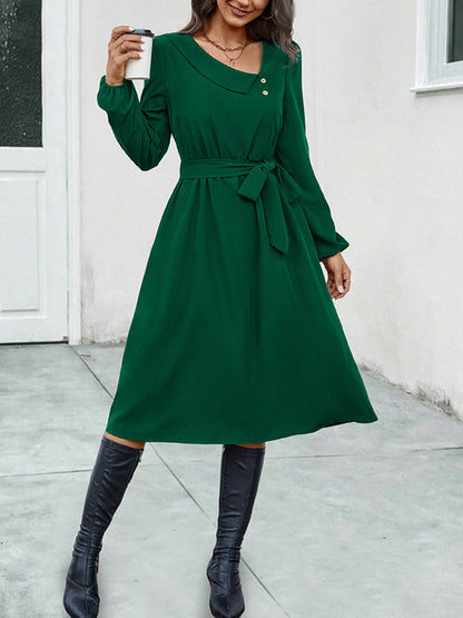 A-Line Long Sleeves Buttoned Solid Color Tied Waist Asymmetric Collar Midi Dresses