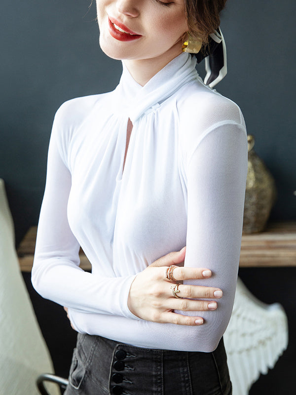 Long Sleeves Plus Size Hollow Mesh Pleated See-Through Solid Color Twist Half Turtleneck Blouses&Shirts Tops