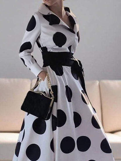 A-Line Long Sleeves Pockets Polka-Dot Tied Waist Notched Collar Maxi Dresses