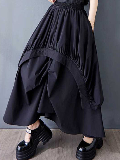 A-Line Loose Asymmetric Elasticity Pleated Pockets Solid Color Skirts Bottoms