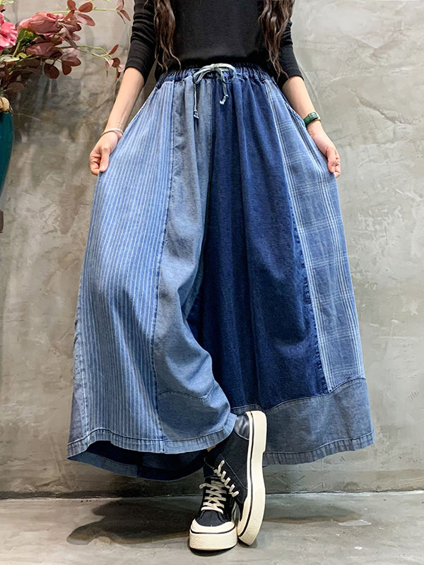 Loose  Drawstring Elasticity Plaid Split-Joint Ninth Jean Pants Bottoms