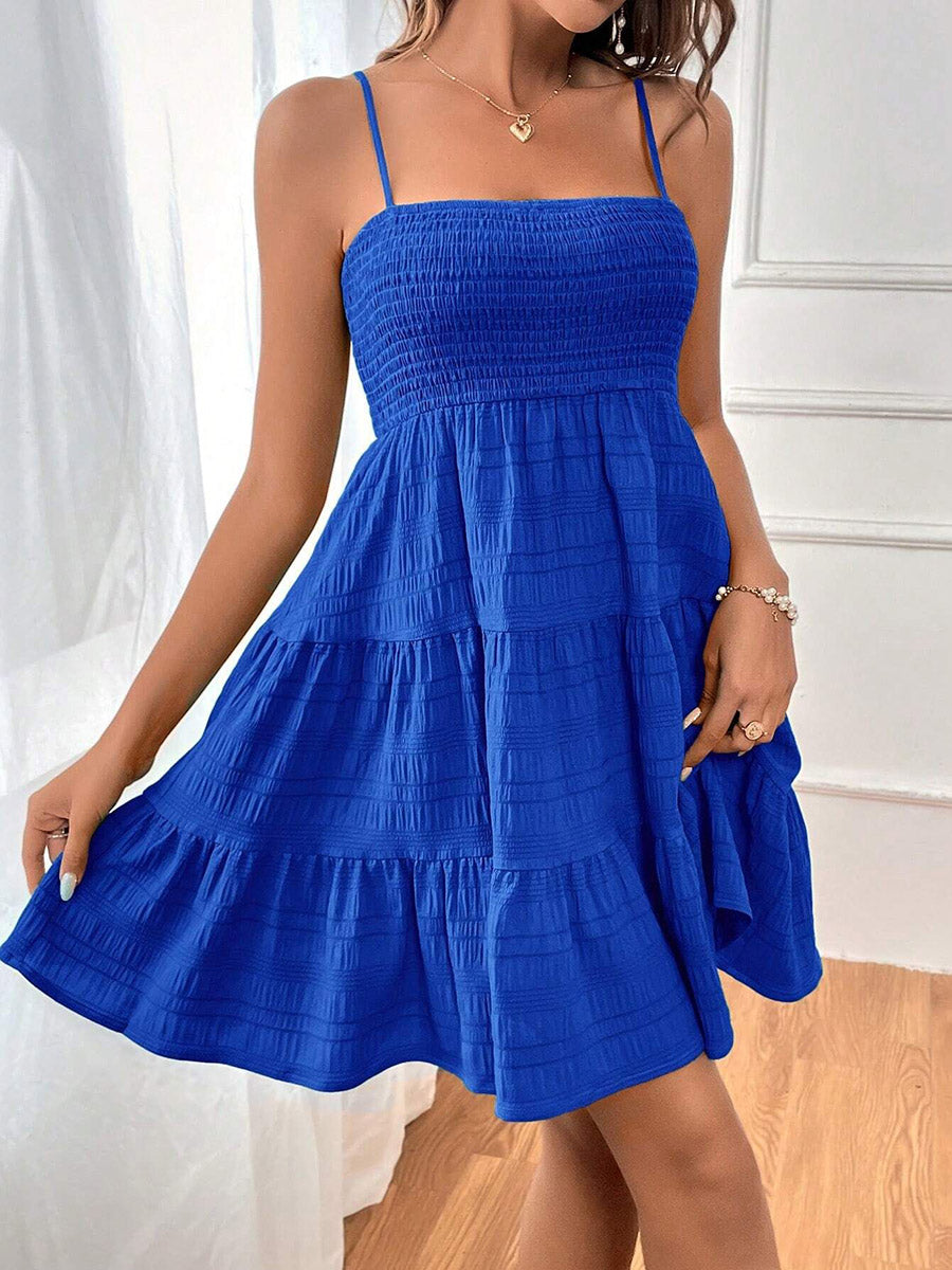Elasticated Waist High Waisted Pleated Solid Color Split-Joint Spaghetti-Neck Mini Dresses