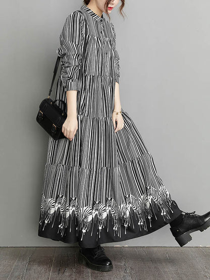 Vintage Loose Striped Buttoned Stand Collar Long Sleeves Midi Dress