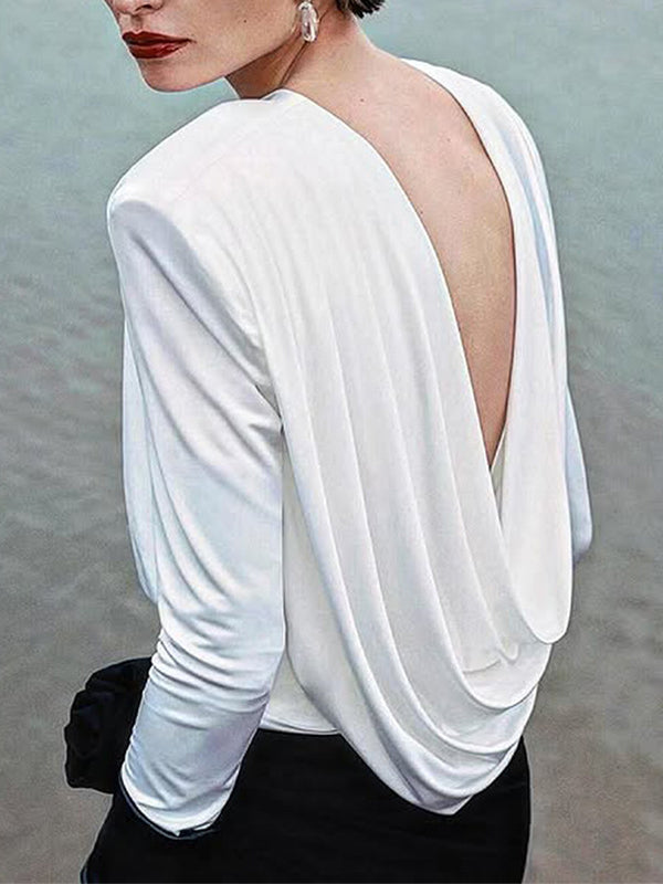 Long Sleeves Backless Shoulder Pad Solid Color Round-Neck Blouses&Shirts Tops