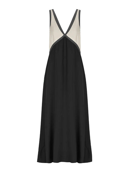 Loose Sleeveless Contrast Color Split-Joint Deep V-Neck Maxi Dresses