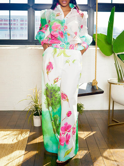 High Waisted Straight Leg Asymmetric Floral Printed Split-Joint Pants Trousers
