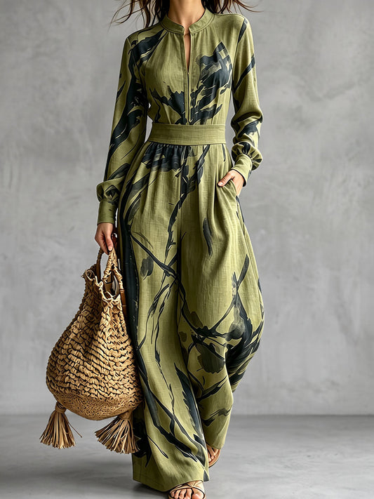 Zipper Printed Pockets Contrast Color Wide Leg Loose V-neck Jumpsuits