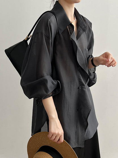Irregular Clipping Long Sleeves Solid Color Lapel Blouses&Shirts Tops