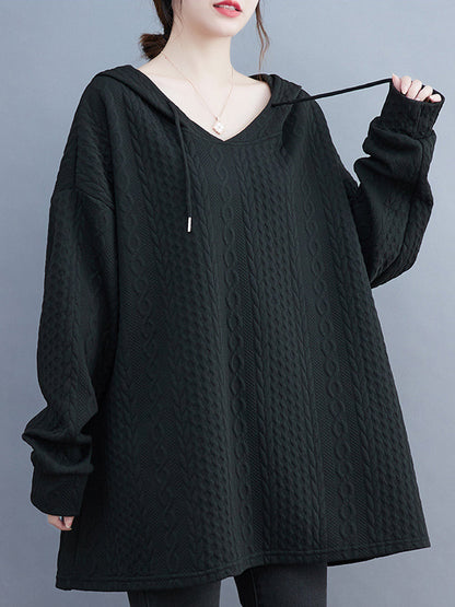 Solid Color Drawstring Loose Long Sleeves Hooded Hoodies Tops