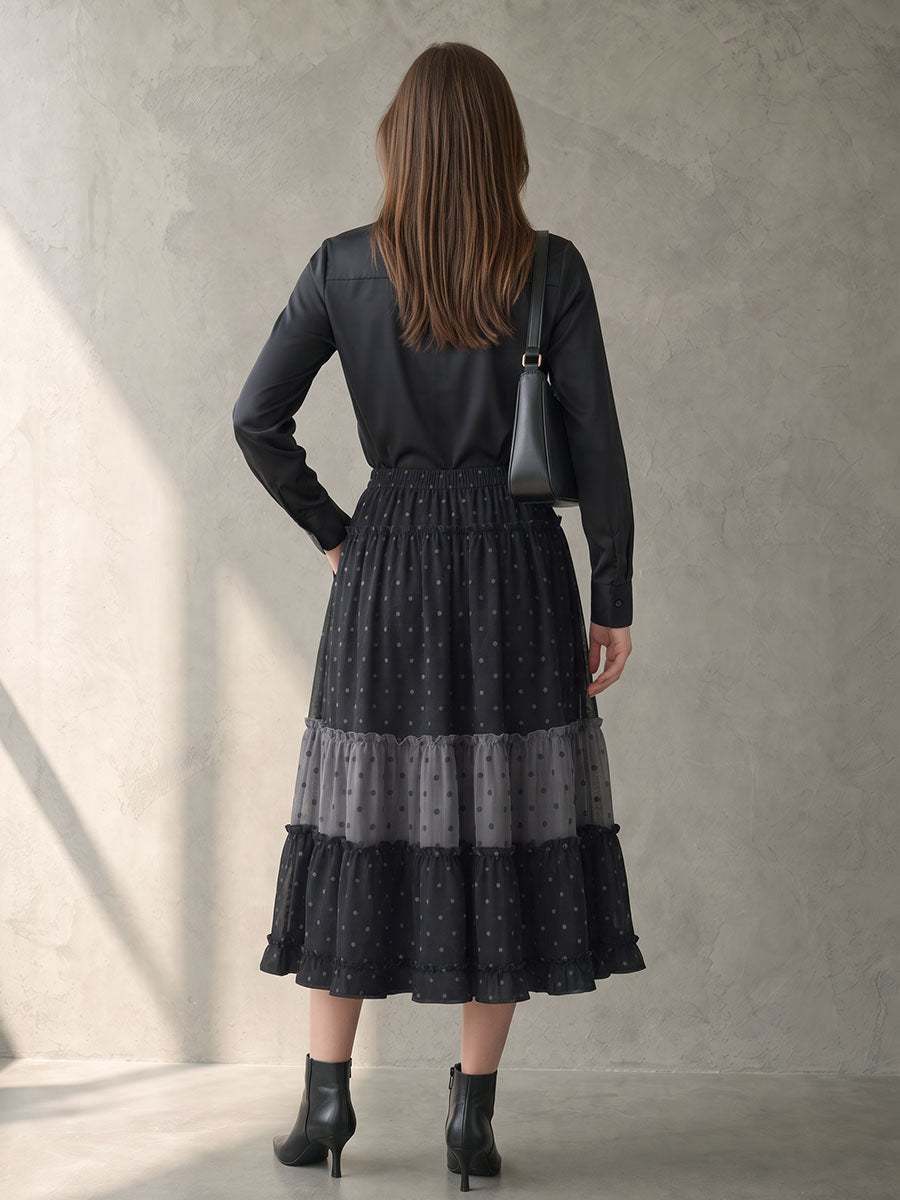 Split-Joint Ruffle Trim Polka-Dot Elasticity Contrast Color Loose A-line Skirts