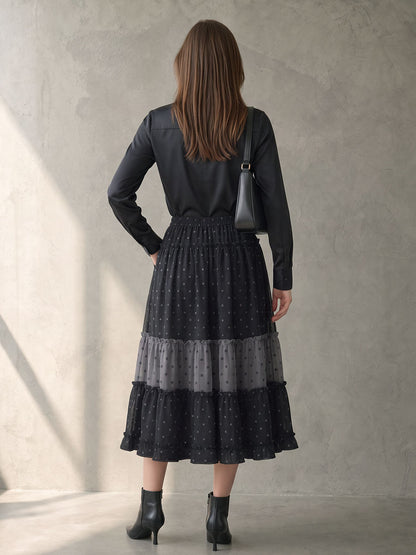 Split-Joint Ruffle Trim Polka-Dot Elasticity Contrast Color Loose A-line Skirts