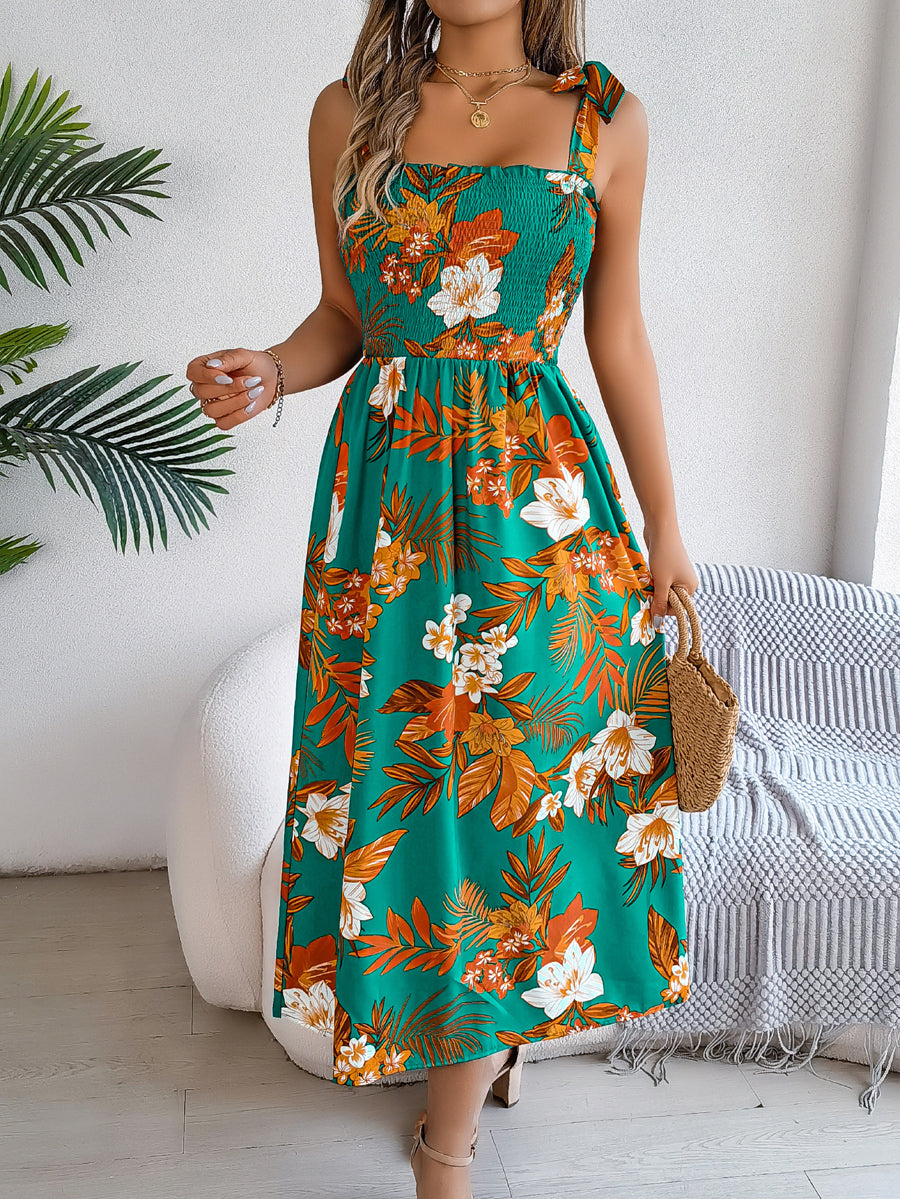 A-Line Loose Contrast Color Elasticity Flower Print Tied Spaghetti-Neck Midi Dresses