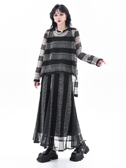 Striped Contrasting Color Elastic Round-Neck  Long-Sleeved See-Through Blouses&Shirts Tops+ Skirt Bottom Two Pieces Set