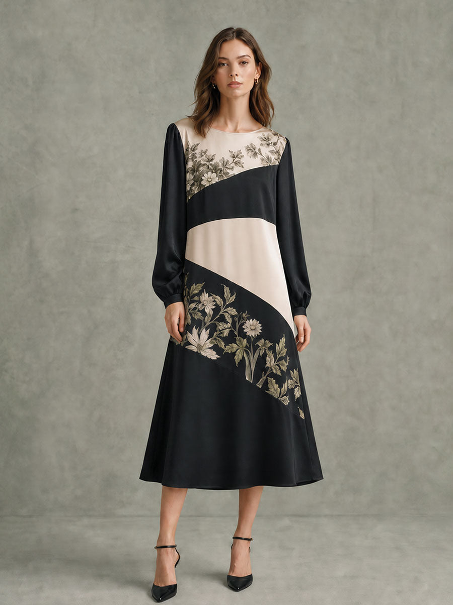 Split-Joint Ruched Flower Print Contrast Color Long Sleeves High Waisted Round-neck Midi Dresses