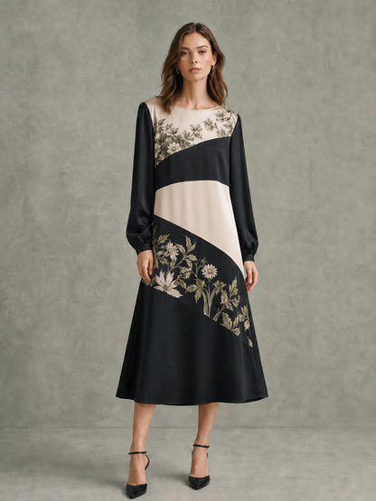 Split-Joint Ruched Flower Print Contrast Color Long Sleeves High Waisted Round-neck Midi Dresses