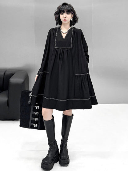 A-Line Long Sleeves Comfort Contrast Color Pleated V-Neck Mini Dresses