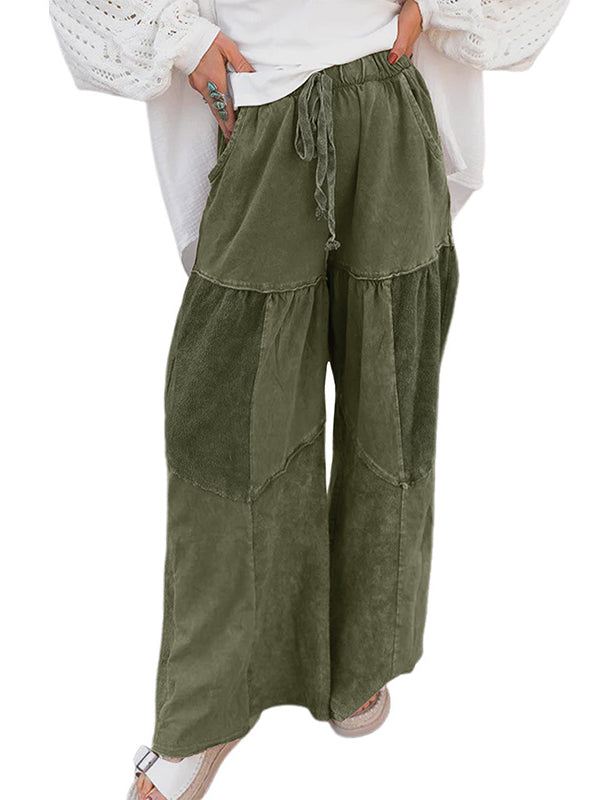 High Waisted Loose Drawstring Pleated Pockets Solid Color Split-Joint Pants Trousers