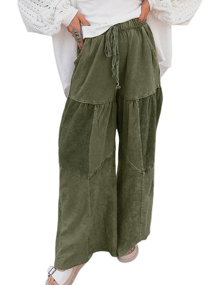 High Waisted Loose Drawstring Pleated Pockets Solid Color Split-Joint Pants Trousers