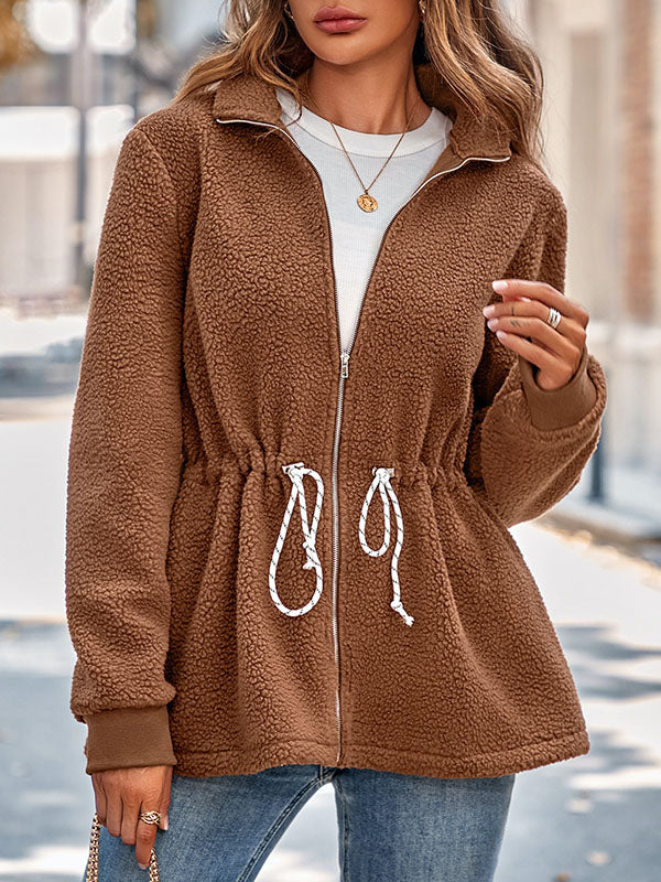 Long Sleeves Loose Drawstring Solid Color Velvet Zipper Stand Collar Outerwear