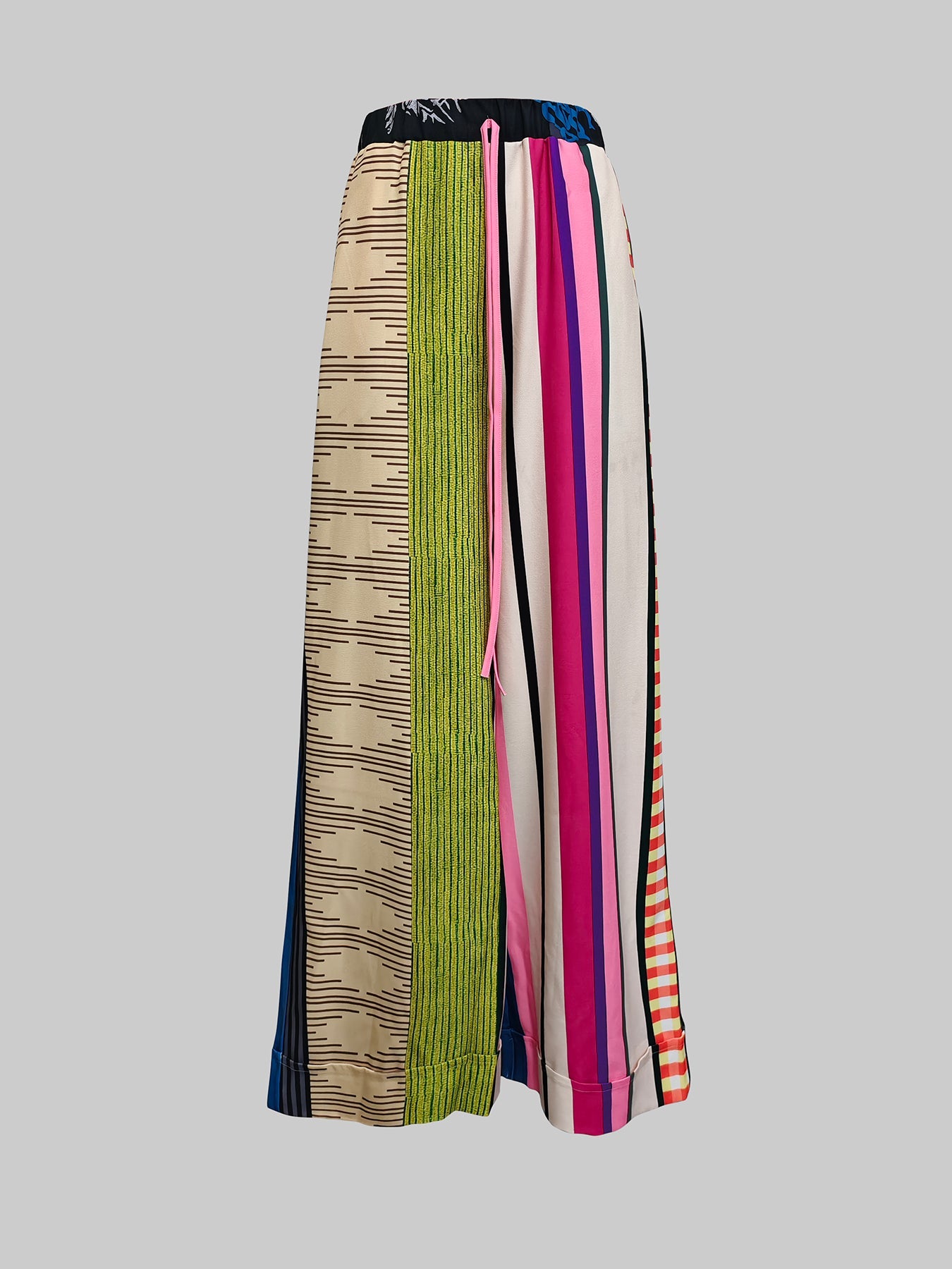 Loose Wide Leg Contrast Color Drawstring Printed Striped Casual Pants Bottoms Trousers