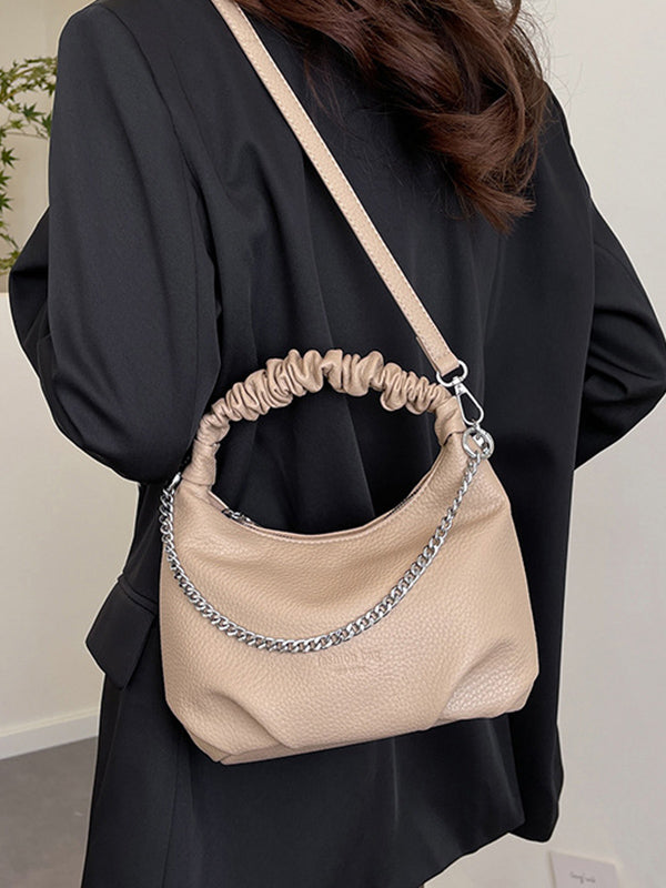 Chains Pleated Solid Color Zipper Crossbody Bags Handbags
