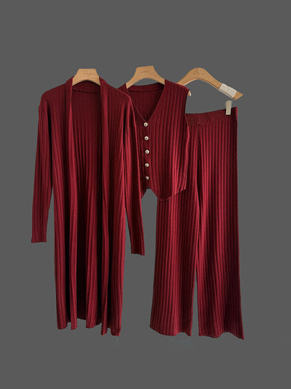 Knitting Sleeveless V-Neck Vest Top +  Long Sleeves Cardigan + High Waisted Pants Three Pieces Set
