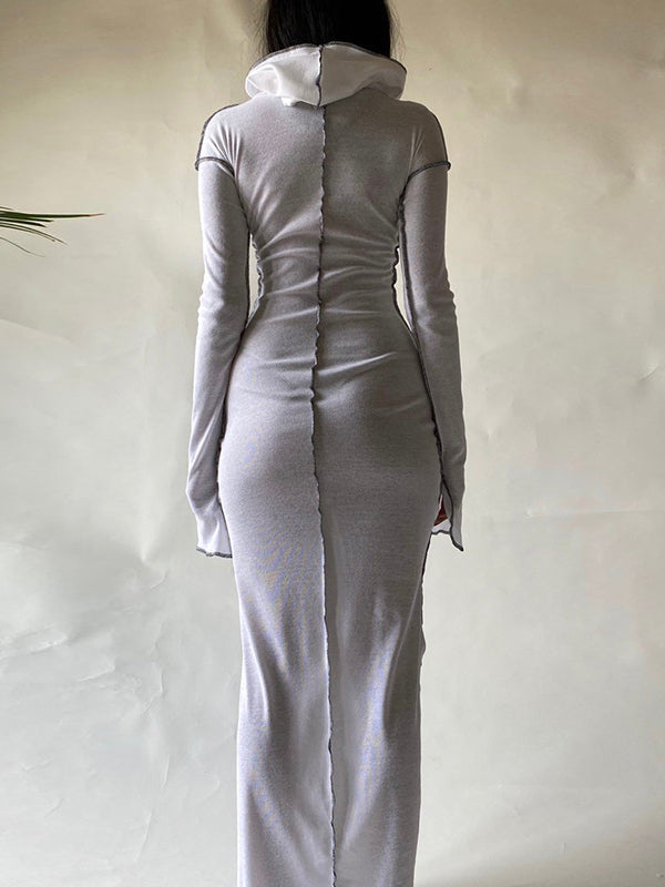 Robe longue fendue à capuche et manches longues, grande taille, couleur unie 