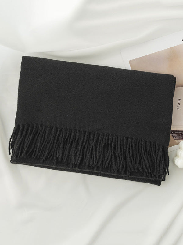 Keep Warm Solid Color Tasseled Shawl&Scarf BLACK One_size