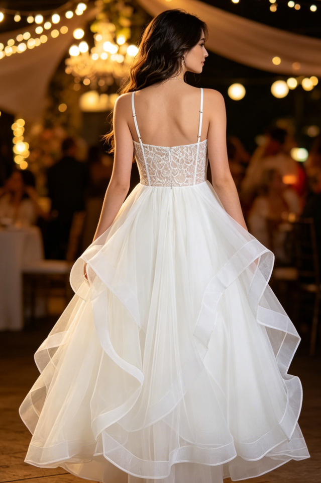Lanelle Lace Ruffle Tulle Midi Dress