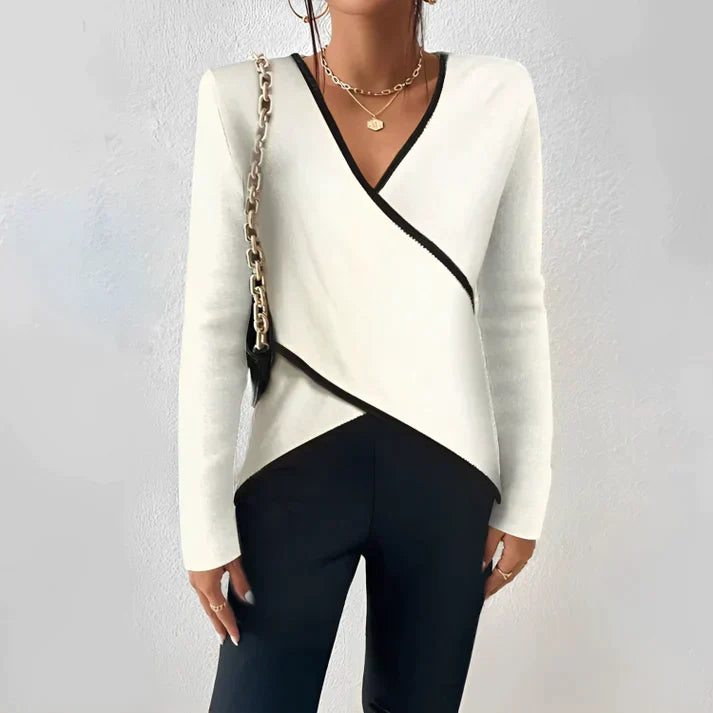 Nora | Women's V-Neck Long Sleeve Top Color Block Wrap Blouse