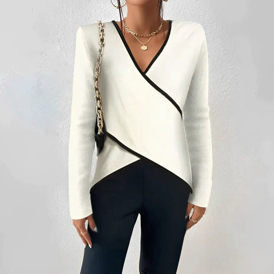 Nora | Women's V-Neck Long Sleeve Top Color Block Wrap Blouse