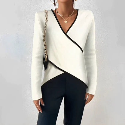 Nora | Women's V-Neck Long Sleeve Top Color Block Wrap Blouse