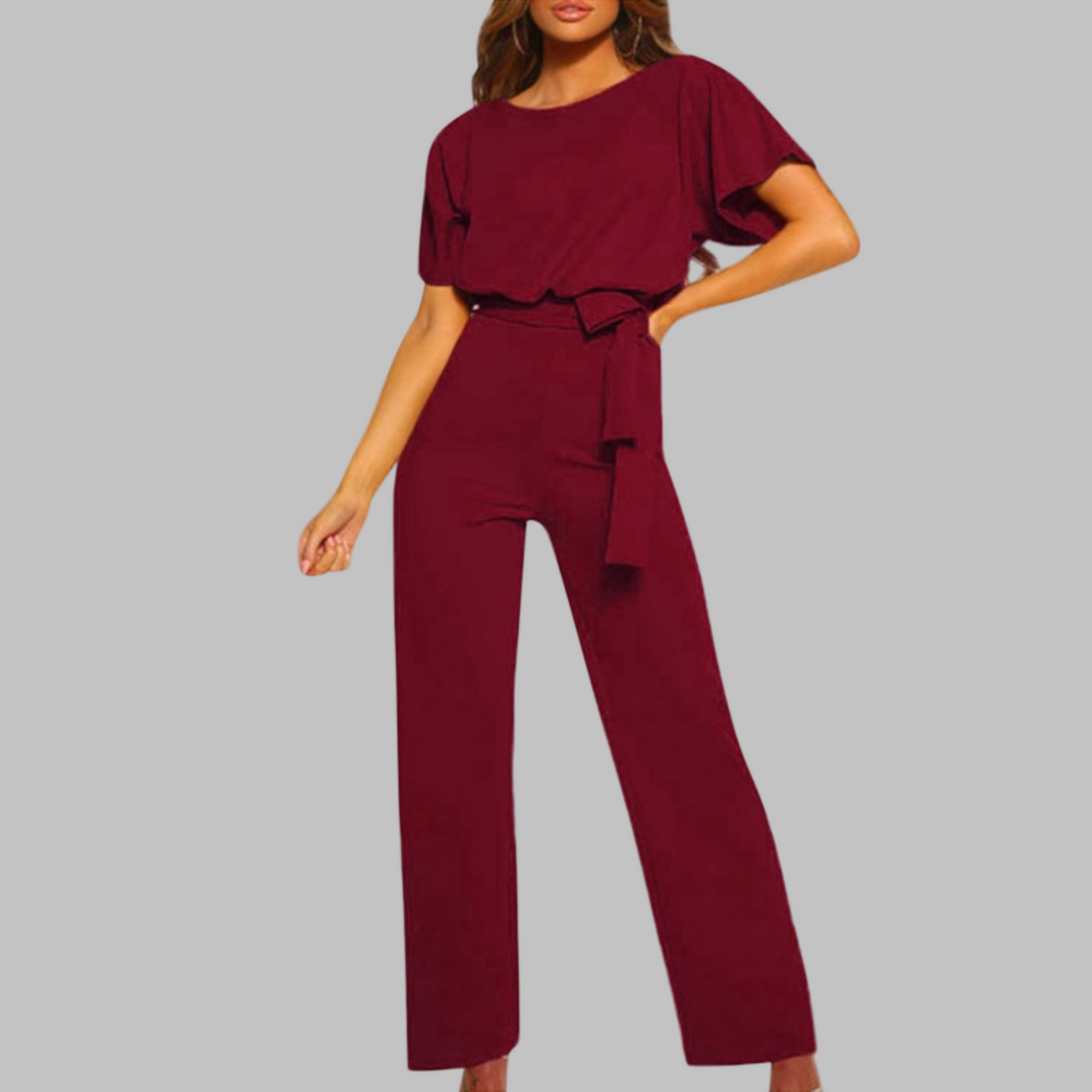 Sunny | Women's Belted Wide Leg Jumpsuit Batwing Sleeve Crewneck